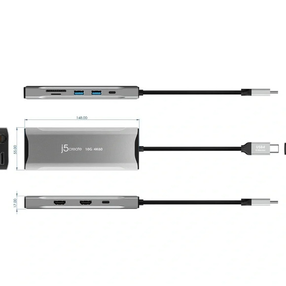 NEW j5create - 4K60 Elite USB-C Triple-Monitor 10Gbps Mini Dock - Space Grey - Picture 12 of 12